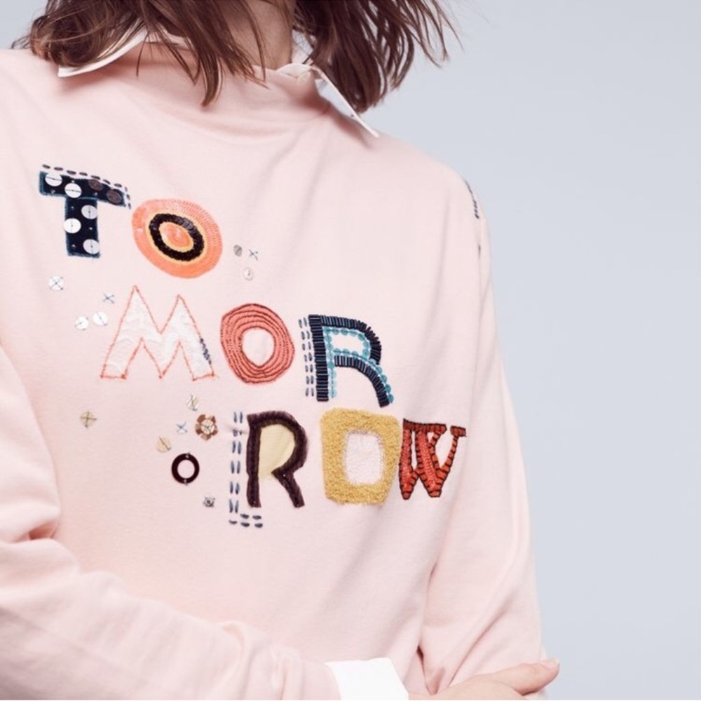 Rare Anthropologie mock neck Tomorrow Sweatshirt Embroidered Size: Small